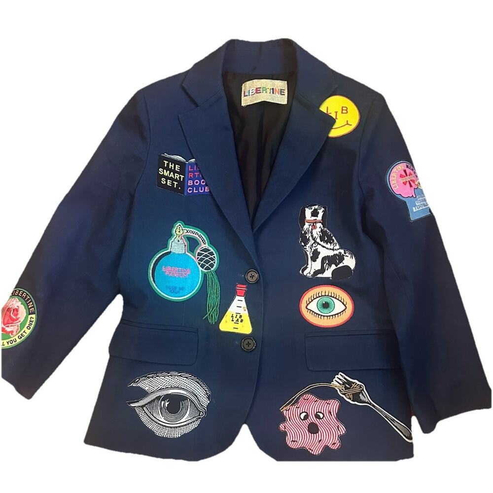 Libertine Women’s Blue Size M Embroidered Lined Blazer Jacket Cropped arm length